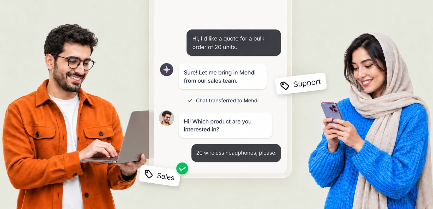 A customer asks to buy 20 wireless headphones. The AI hands the conversation to Mehdi from the sales team, alongside Iranian characters using a laptop and smartphone.