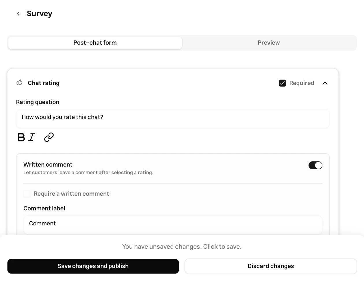 Configuring the satisfaction question and text comments in the Muchat survey form