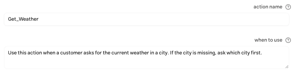 Get_Weather name and instructions to ask for the city when it is missing