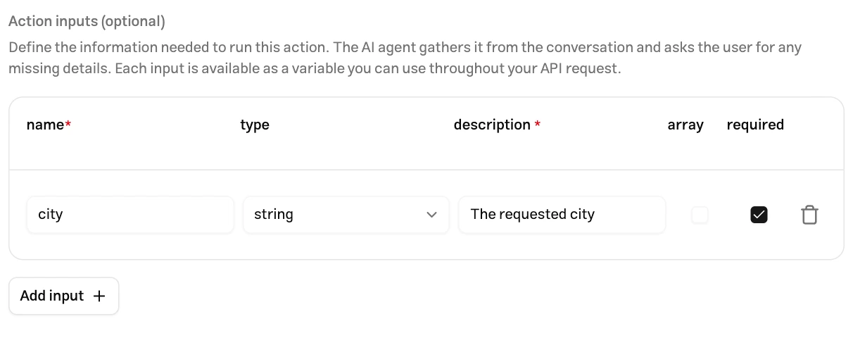 A city input with a description, string type, and required enabled