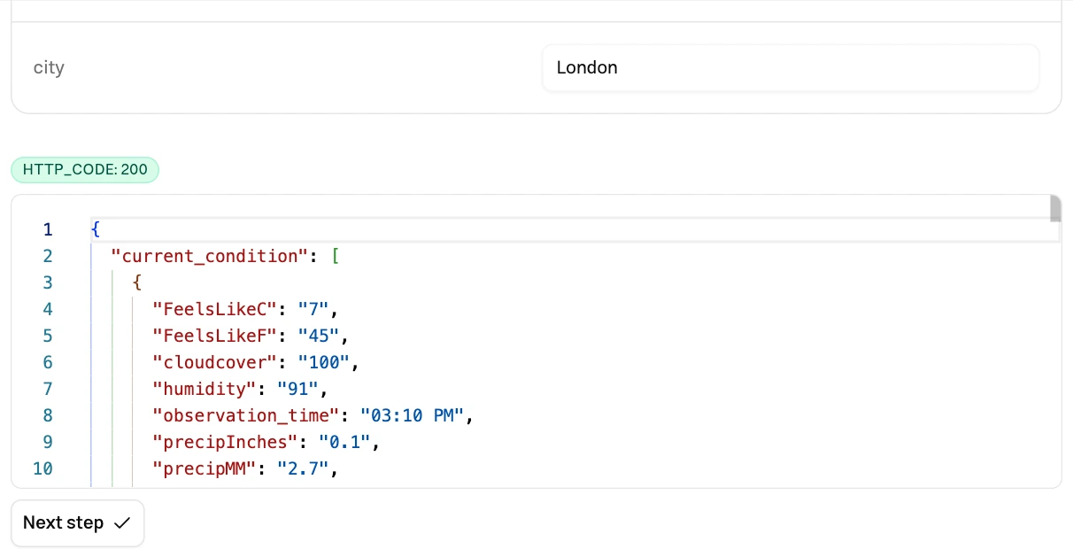 A real weather API JSON response with HTTP 200 status and the Next step button