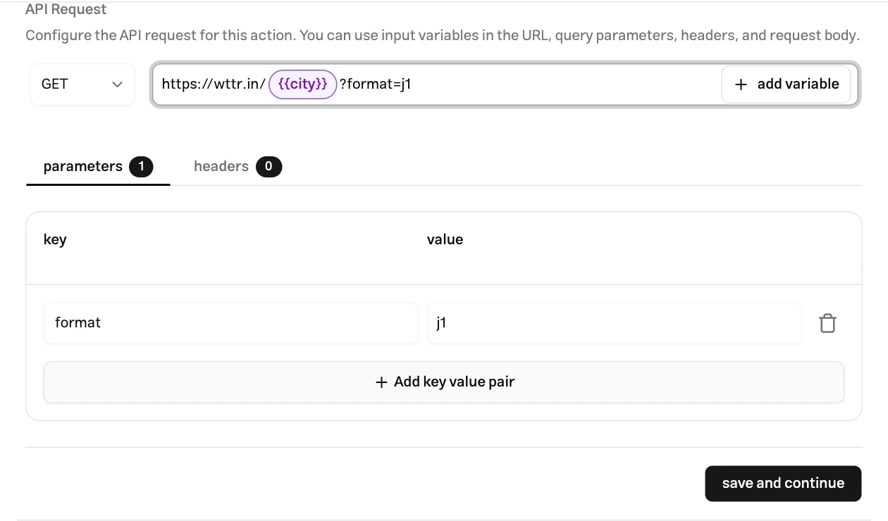 Weather API request with the city variable and format parameter