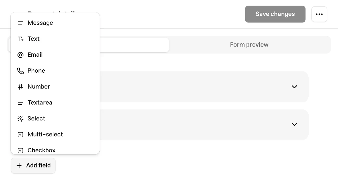 Choosing field types in the Muchat form builder