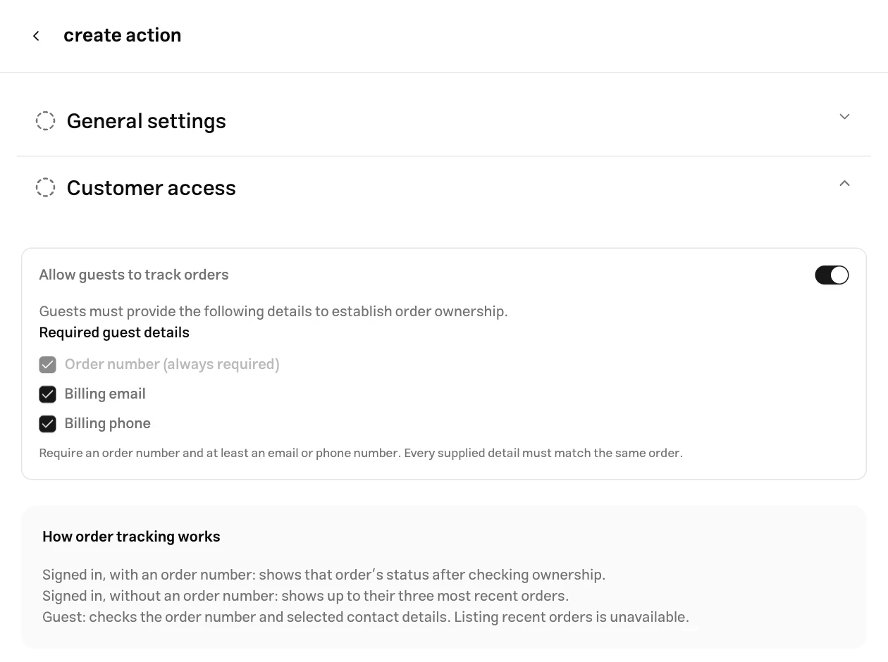 Enabling guest order tracking and choosing required billing details