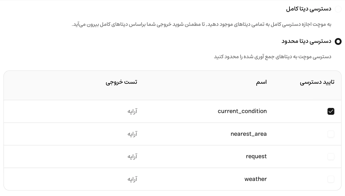 انتخاب دسترسی دیتا محدود و فعال‌کردن فقط current_condition از چهار فیلد پاسخ آب‌وهوا