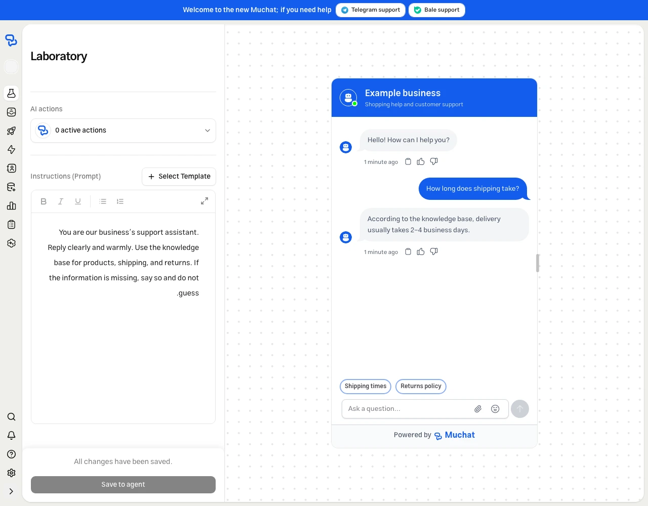MuChat Laboratory with model and instruction settings and the Save to agent button