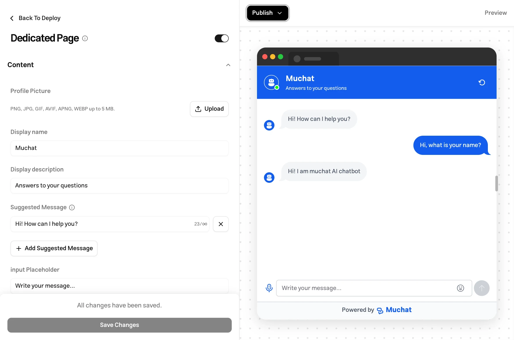 Muchat Link content settings beside the dedicated page preview and Publish button