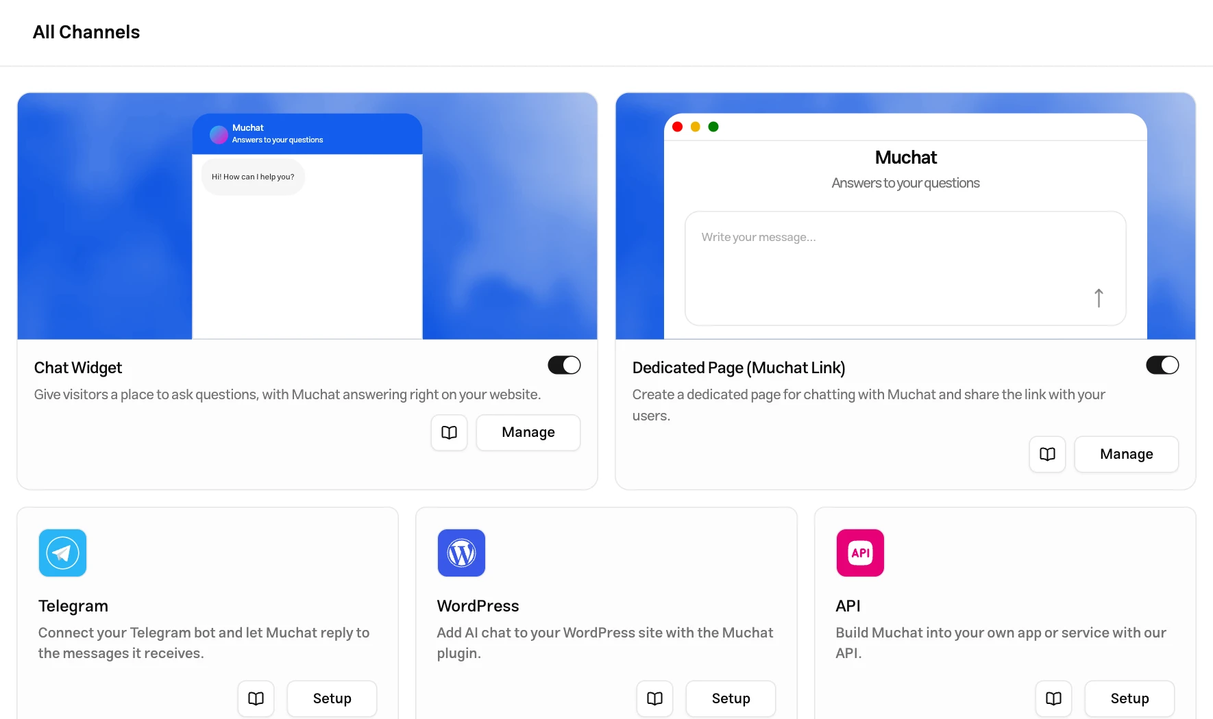 All Channels in the Muchat dashboard, showing Chat Widget, Muchat Link, Telegram, WordPress, and API cards