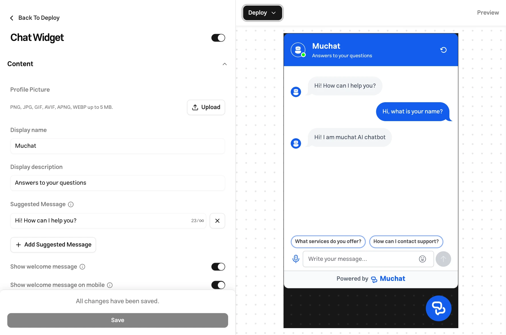 The widget’s content settings, including profile picture, name, description, and initial message, beside the conversation preview