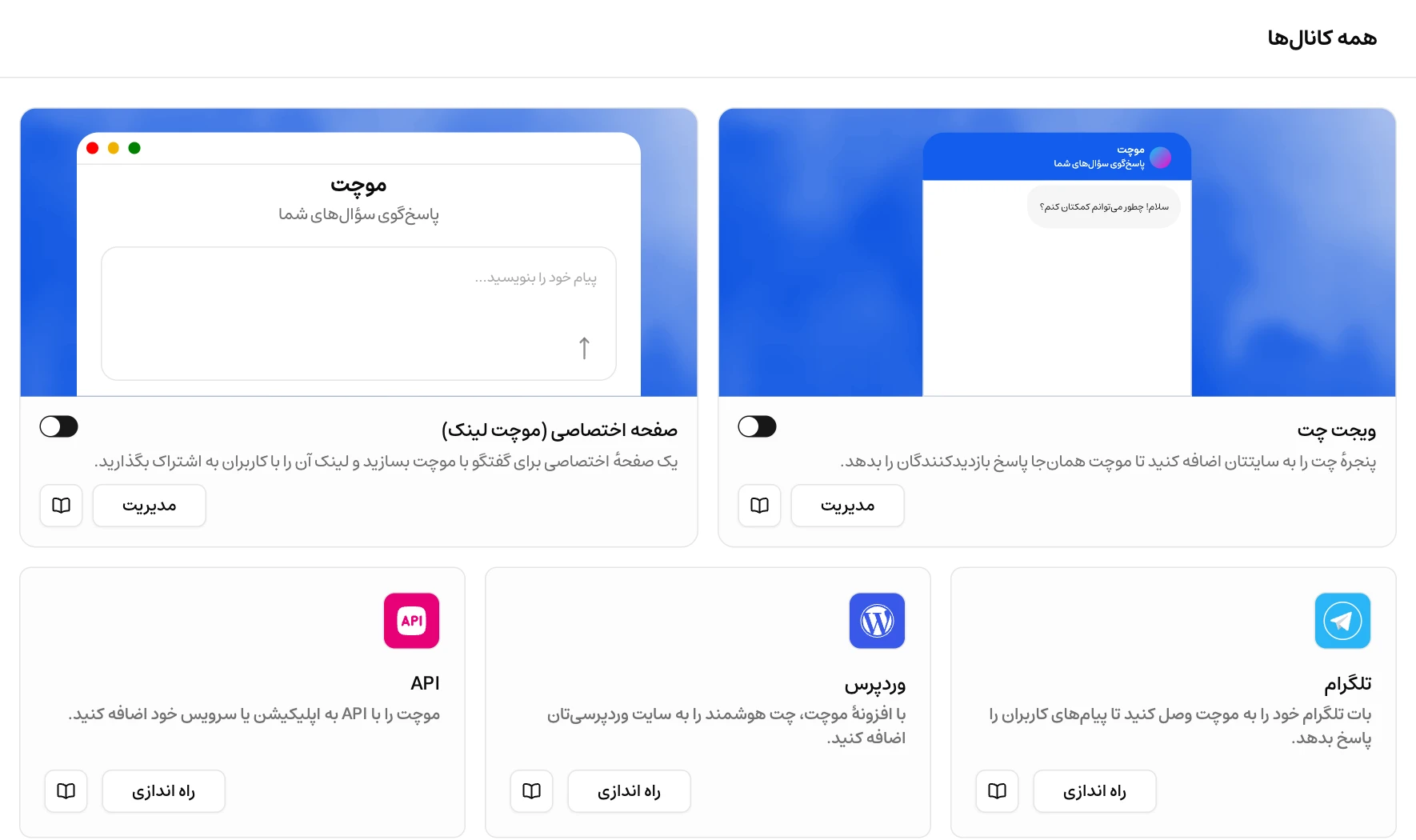 صفحهٔ همه کانال‌ها در داشبورد موچت با کارت‌های ویجت چت، موچت لینک، تلگرام، وردپرس و API
