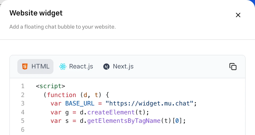 Website widget publishing panel in the Muchat dashboard, showing HTML, React.js and Next.js tabs and the code copy button