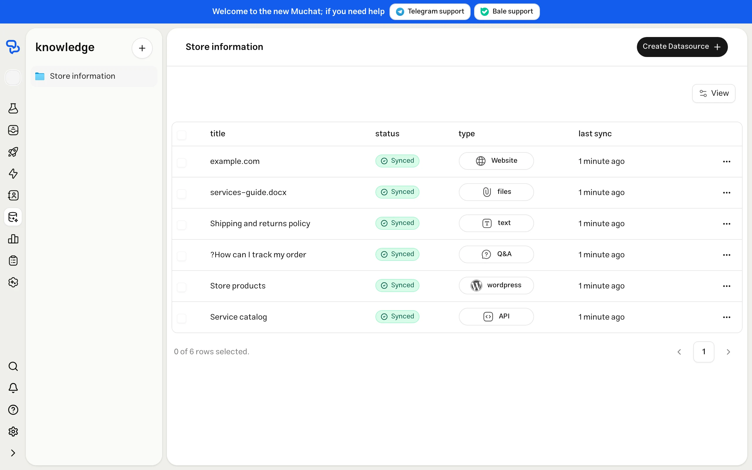 MuChat knowledge base listing source types, training statuses and last sync times