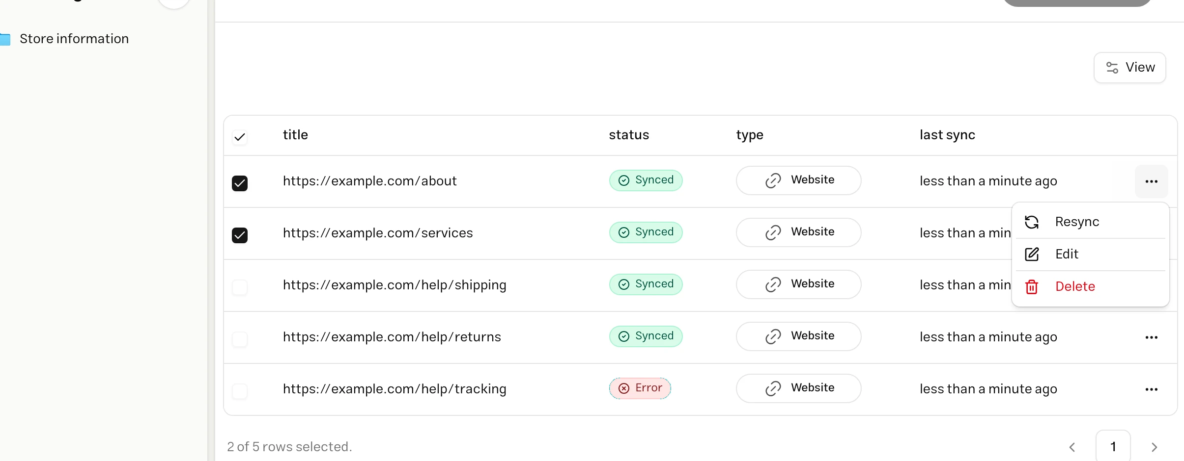 Selecting several website pages with sync, edit and delete actions in the source menu