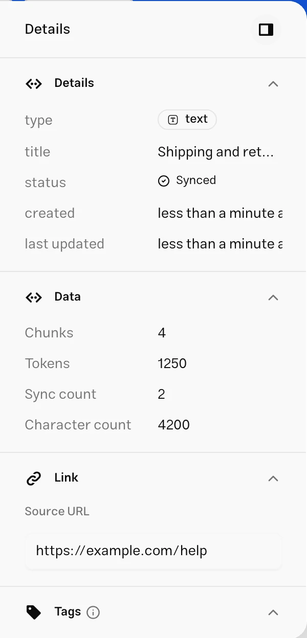 Source details panel with type, training status, processing statistics, and source link