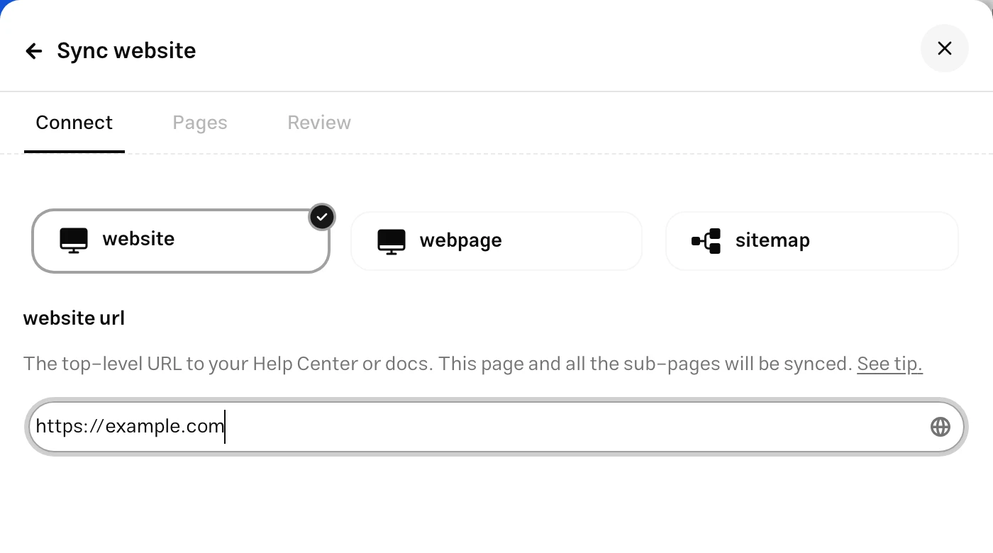 Website connection step with website, single link and sitemap options and a URL input