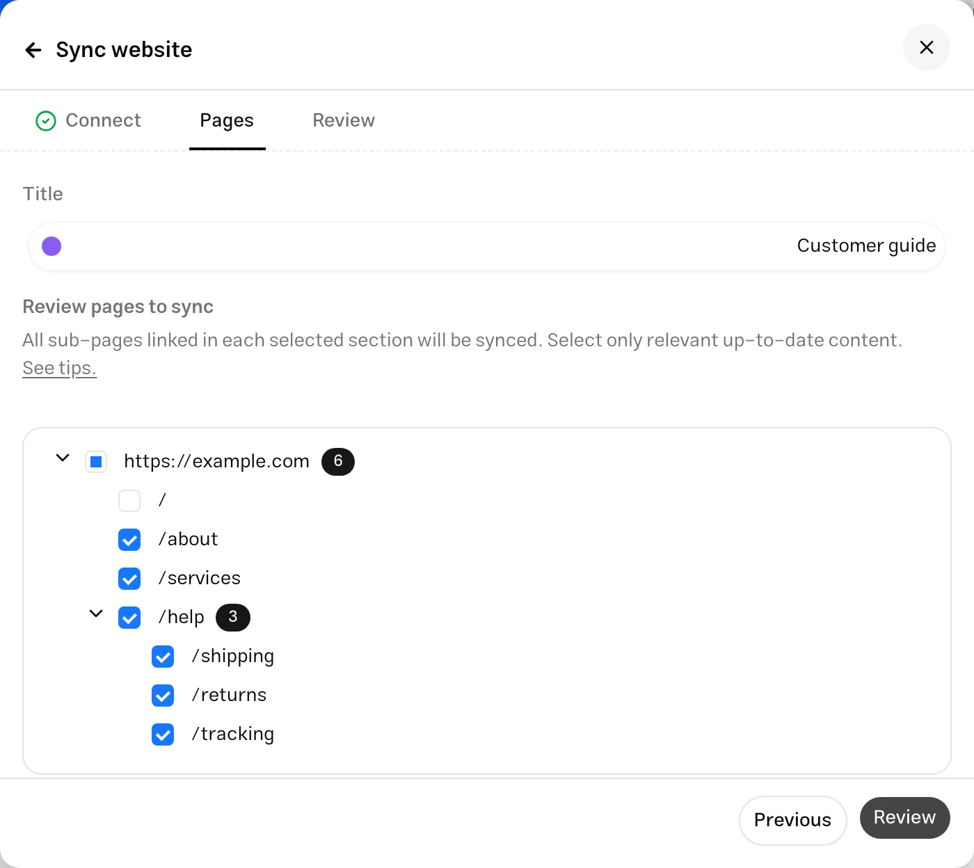 Discovered website links in a selectable tree with page counts and usage information