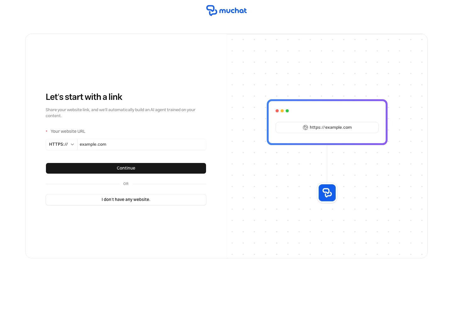 MuChat creation screen with a website address field and an option to continue without a website