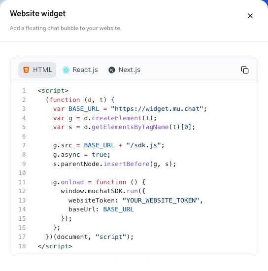 Widget installation panel with HTML, React.js, and Next.js tabs and the copy button