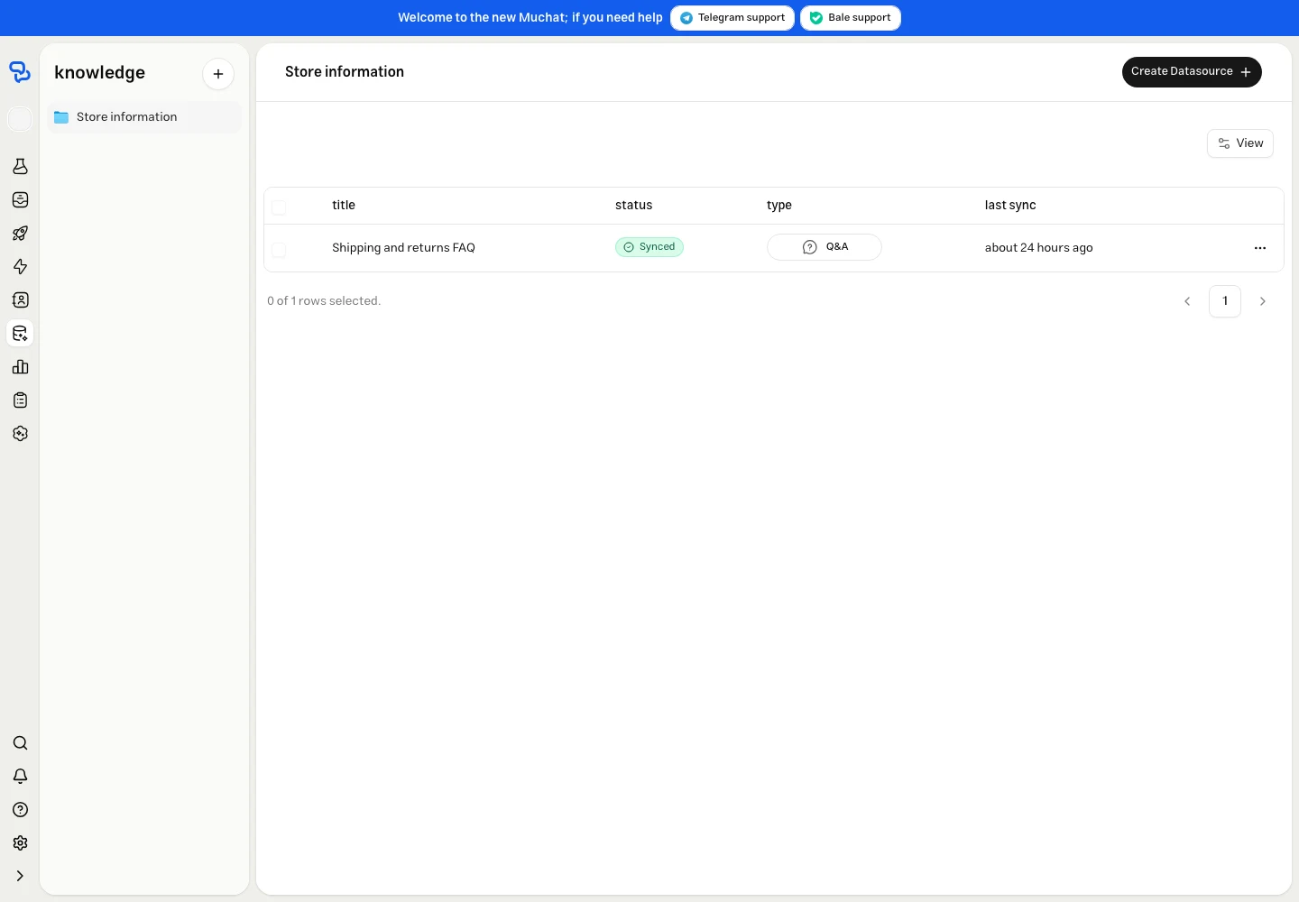 Knowledge base source list and the Create Datasource button