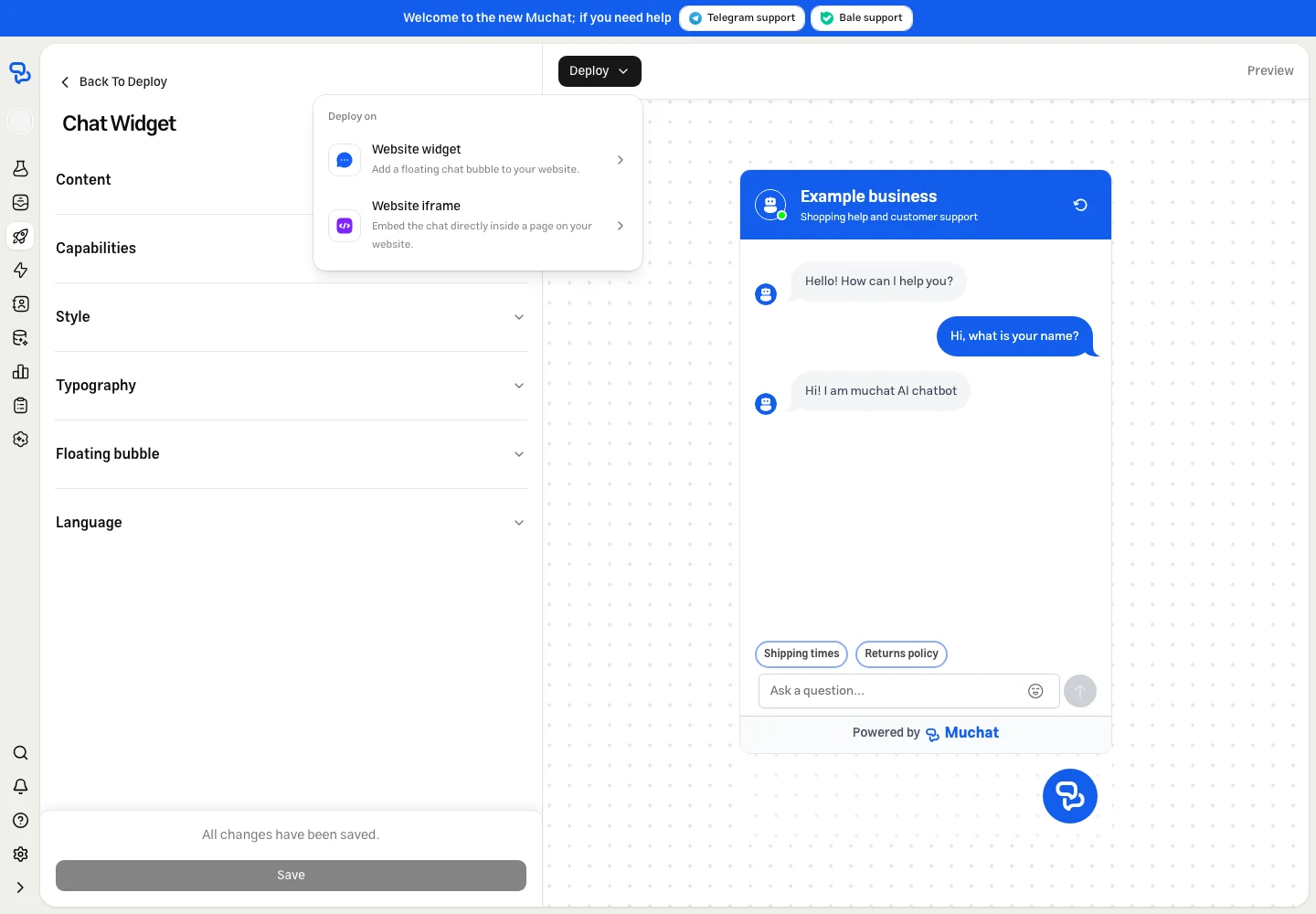 MuChat deployment menu with Website widget and Website iframe options