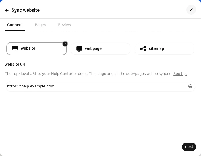 Website sync form with link type options, the website address, and next button