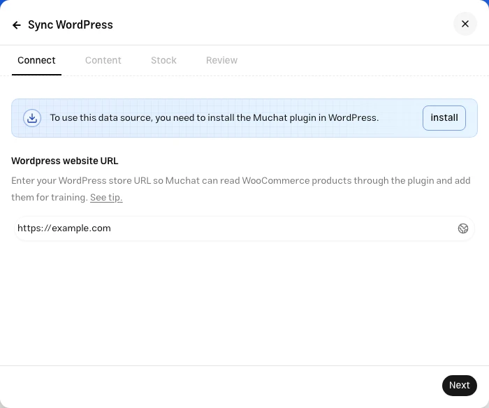 WordPress connection form with the site address and Connect, Content, Stock, and Review steps