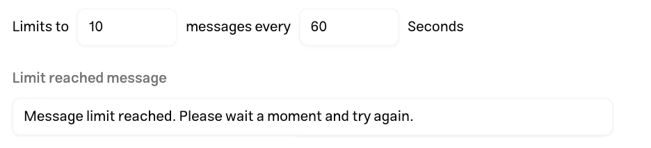 Rate limit fields in the Muchat dashboard, set to 10 messages every 60 seconds with a limit reached message