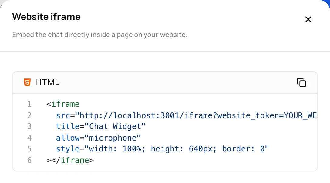 Website iframe installation panel in the MuChat dashboard with the HTML code and copy button