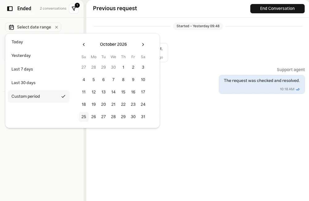 Conversation archive with the date filter and start/end date calendar