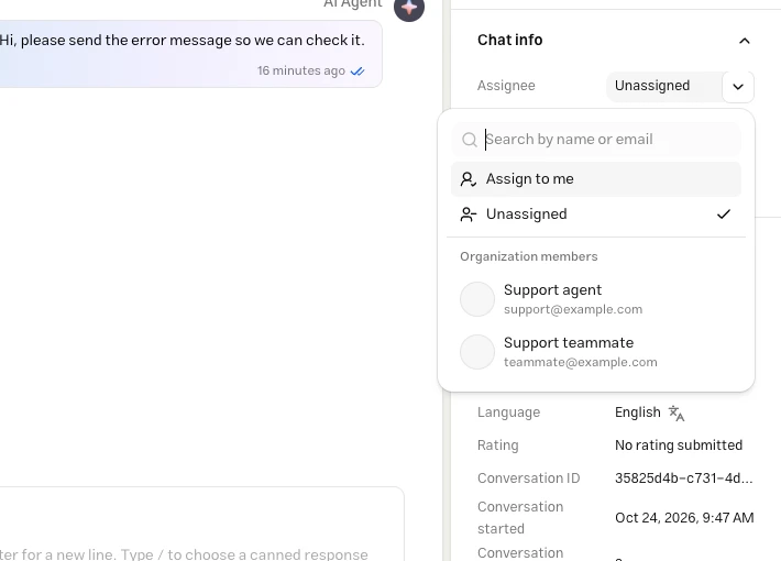 Assignee picker with member search, Unassigned, and Assign to me