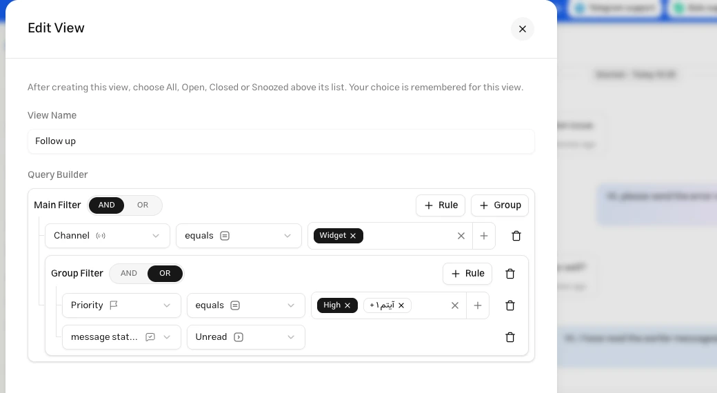 Muchat Query Builder with WhatsApp and a group matching high priority or unread messages