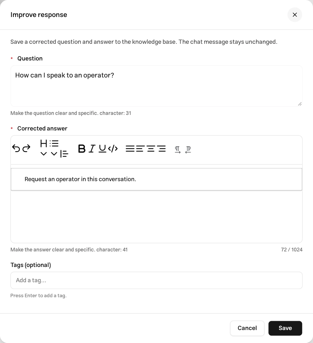 Muchat response improvement form with the customer question, corrected answer, optional tags, and Save button