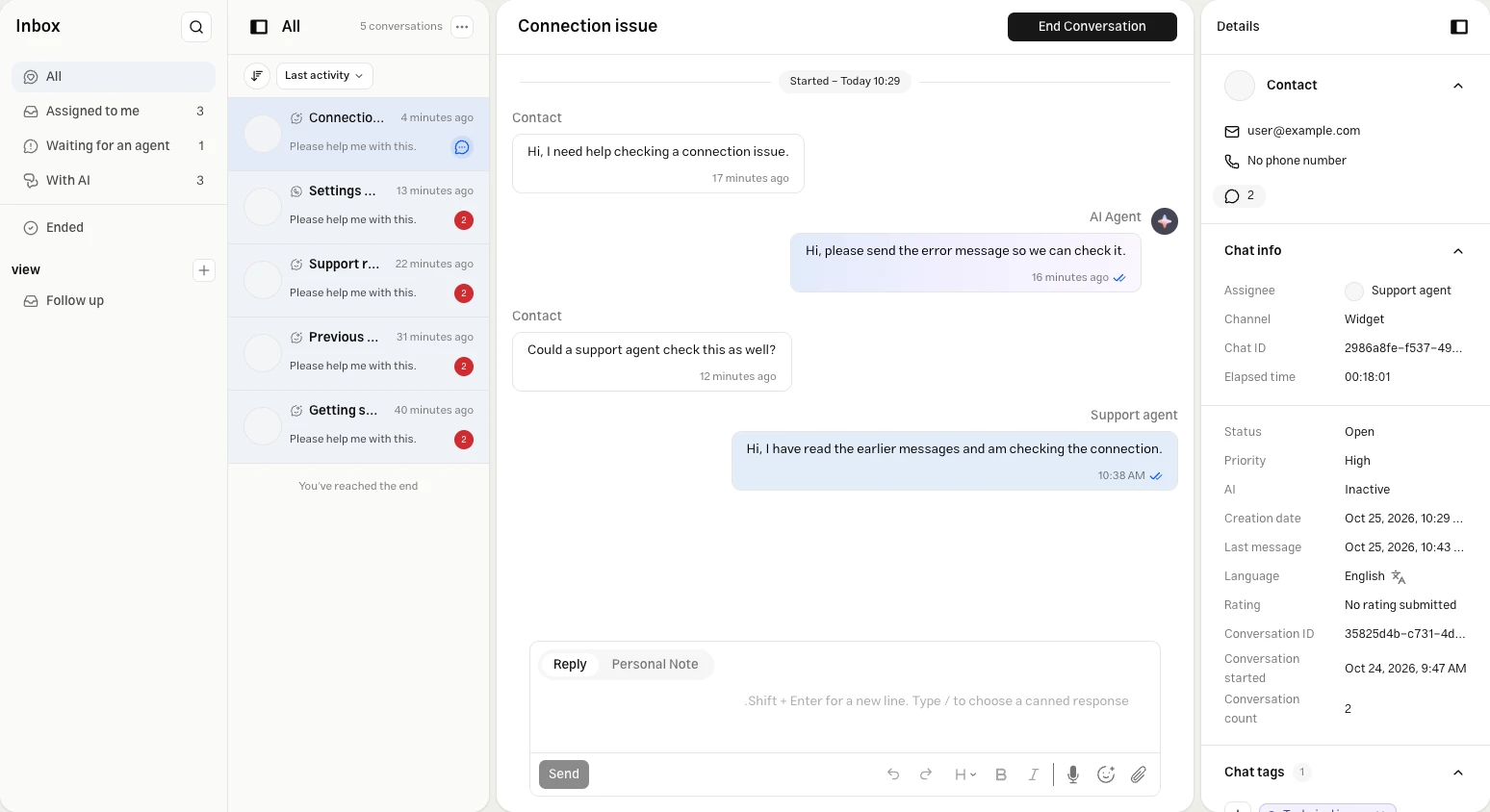 Muchat Inbox with built-in views, a selected conversation, and contact and conversation details