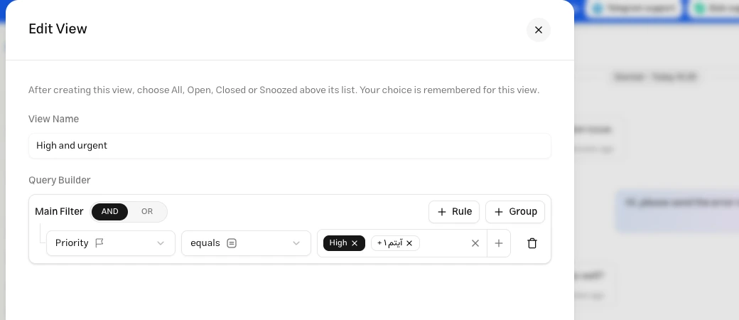 Edit View form with one priority condition containing High and Urgent