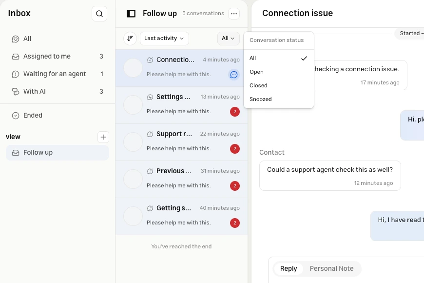 Personal Follow up view with the All, Open, Closed, and Snoozed status menu