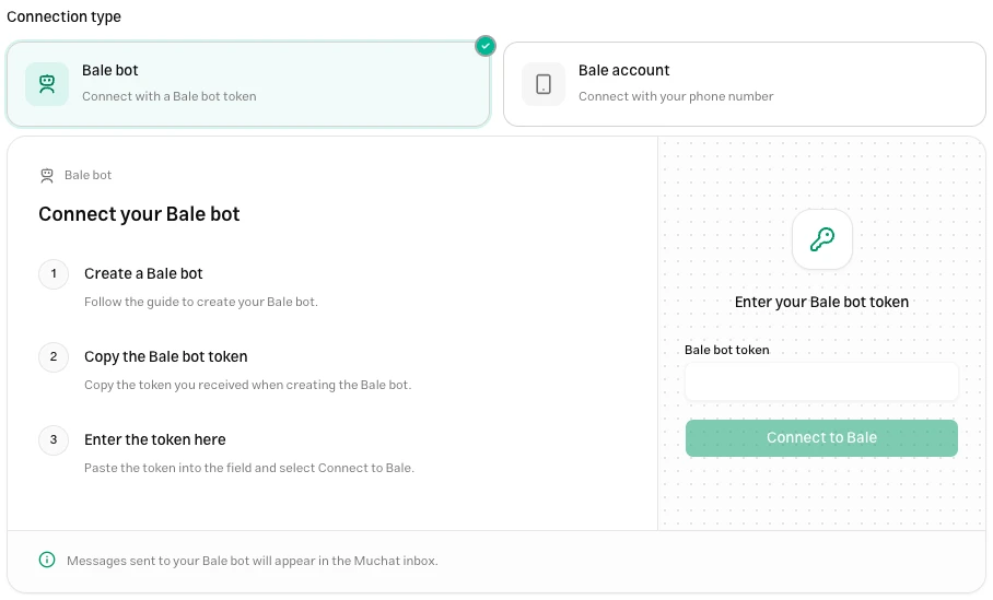 Choosing a Bale bot or account and entering a bot token