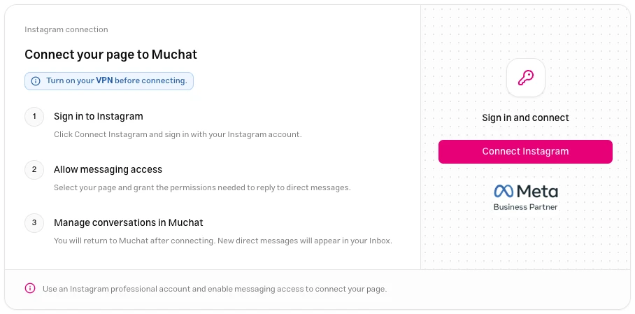 Official Instagram sign-in setup and the page connection button in Muchat