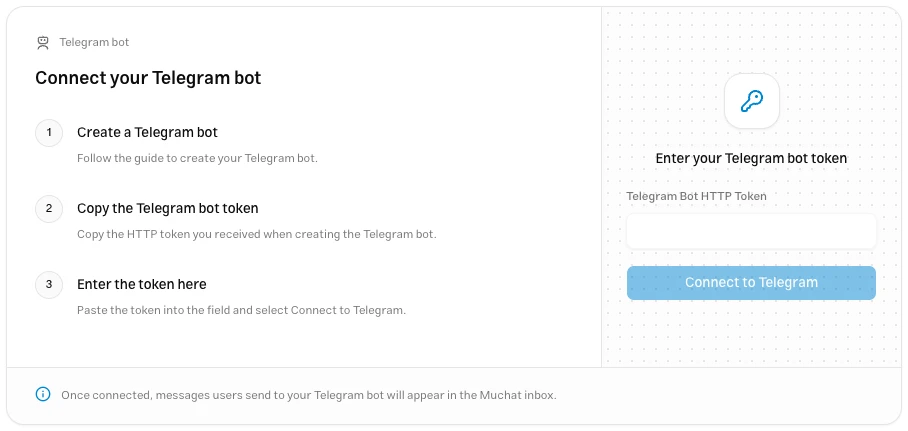 Telegram bot setup in Muchat with bot creation steps and the token input