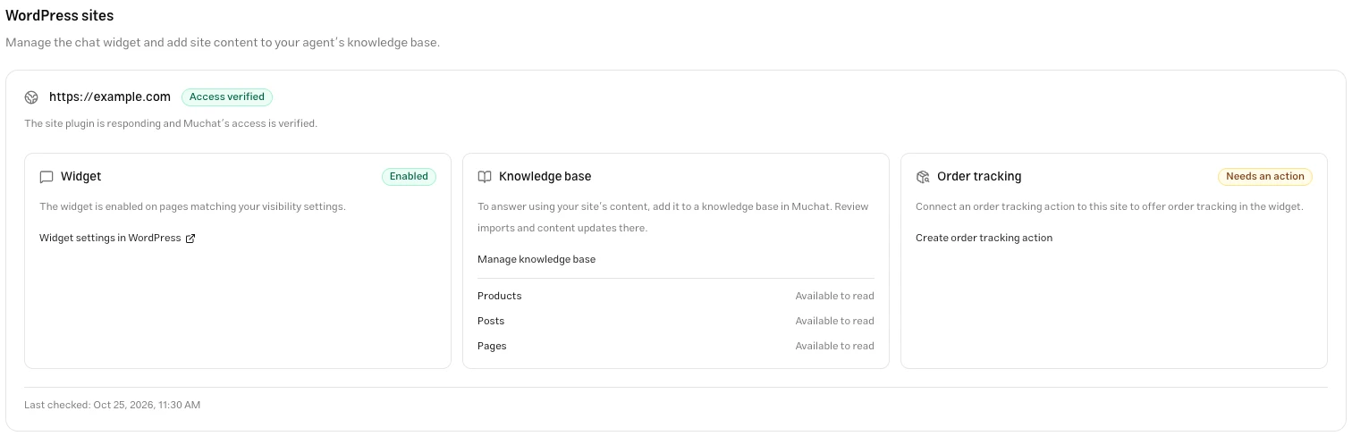 A verified WordPress site connection with widget, knowledge base, and order tracking sections
