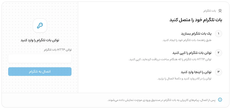 فرم اتصال بات تلگرام در داشبورد موچت با مراحل ساخت بات و ورودی توکن