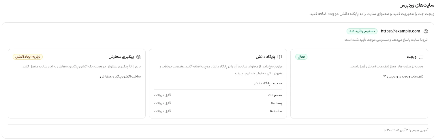 سایت وردپرس متصل با وضعیت دسترسی تأییدشده و بخش‌های ویجت، پایگاه دانش و پیگیری سفارش