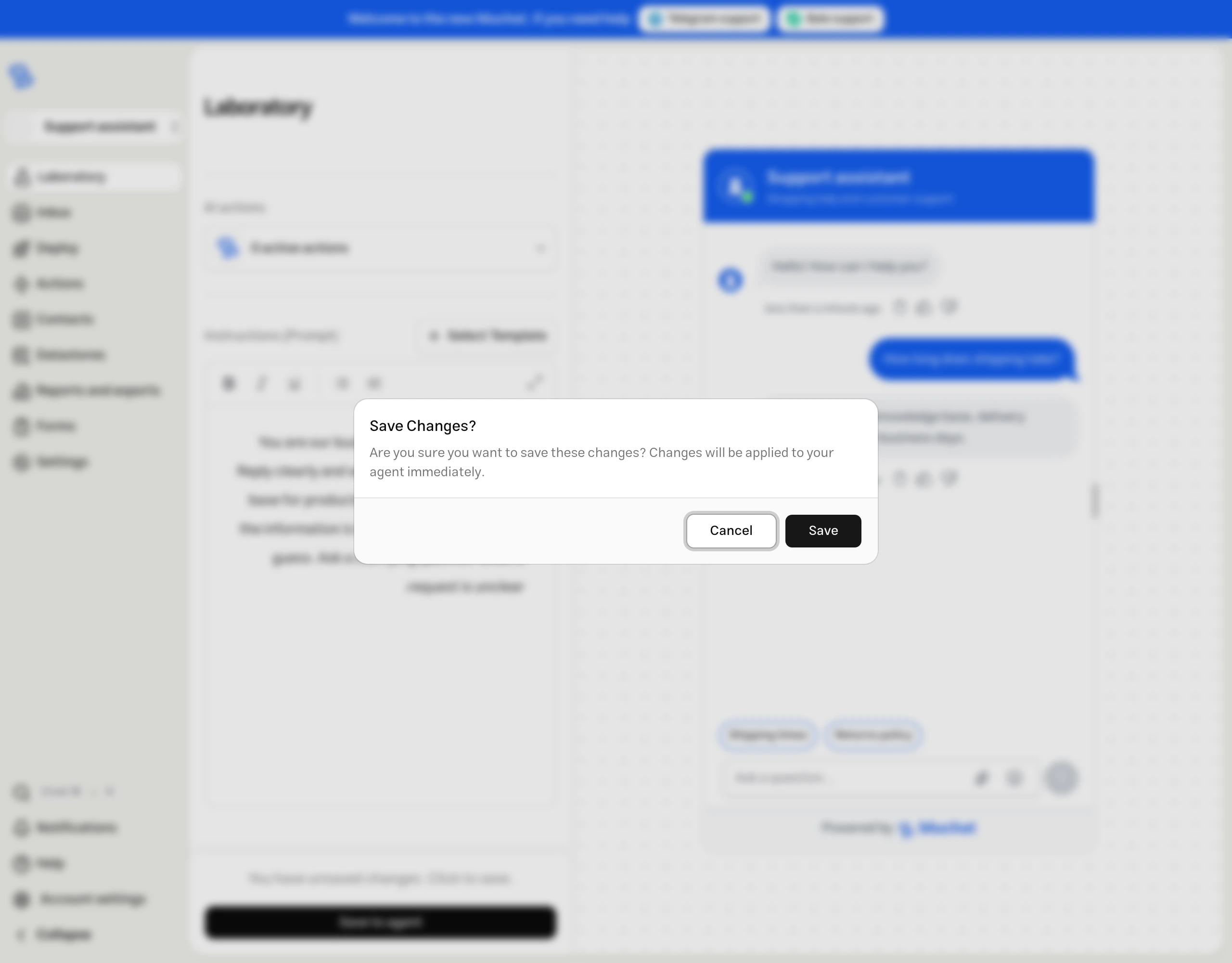 Confirmation dialog for saving the Laboratory settings to the live MuChat agent
