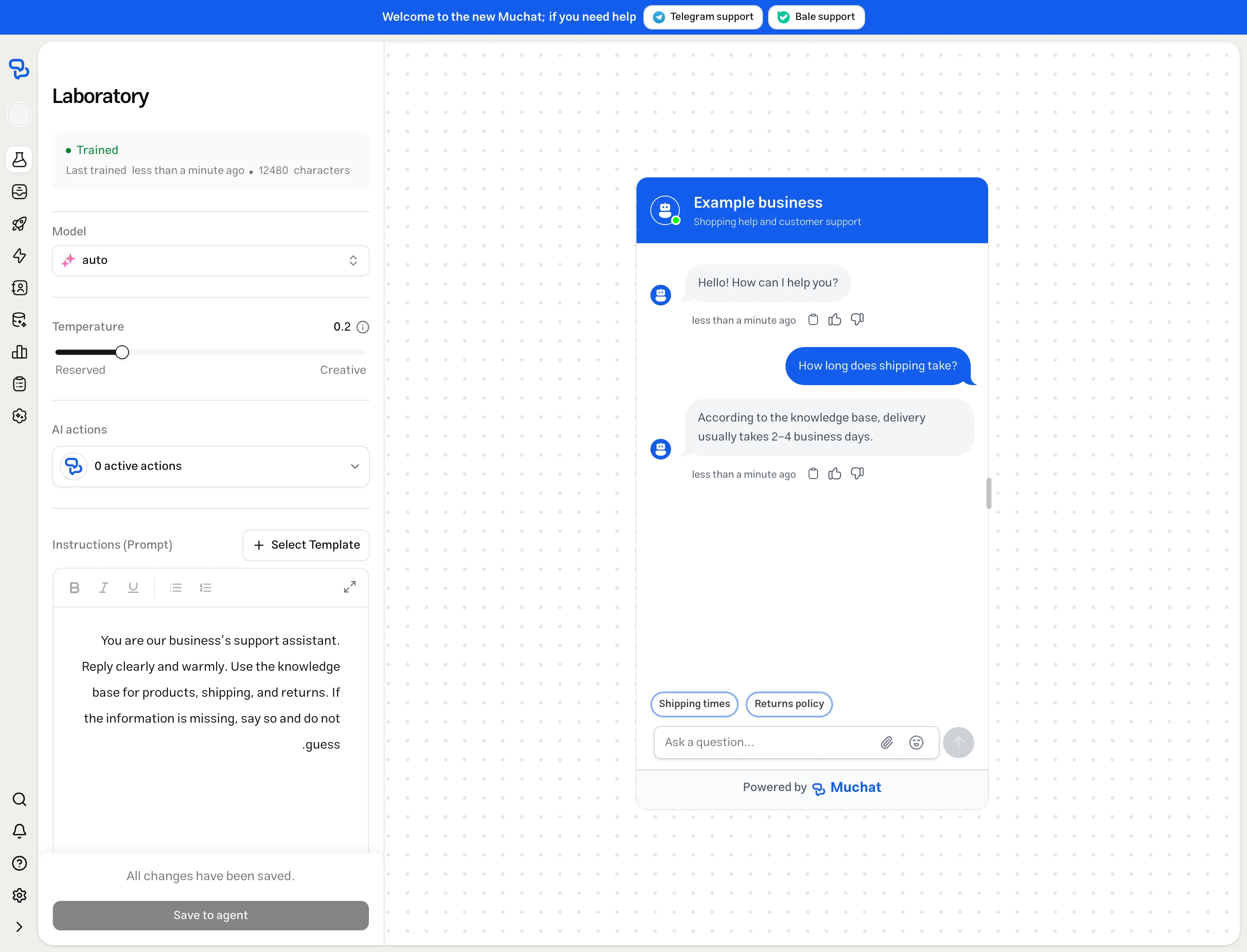 MuChat's Laboratory controls for model, temperature, actions, prompt, and Save to agent alongside the conversation