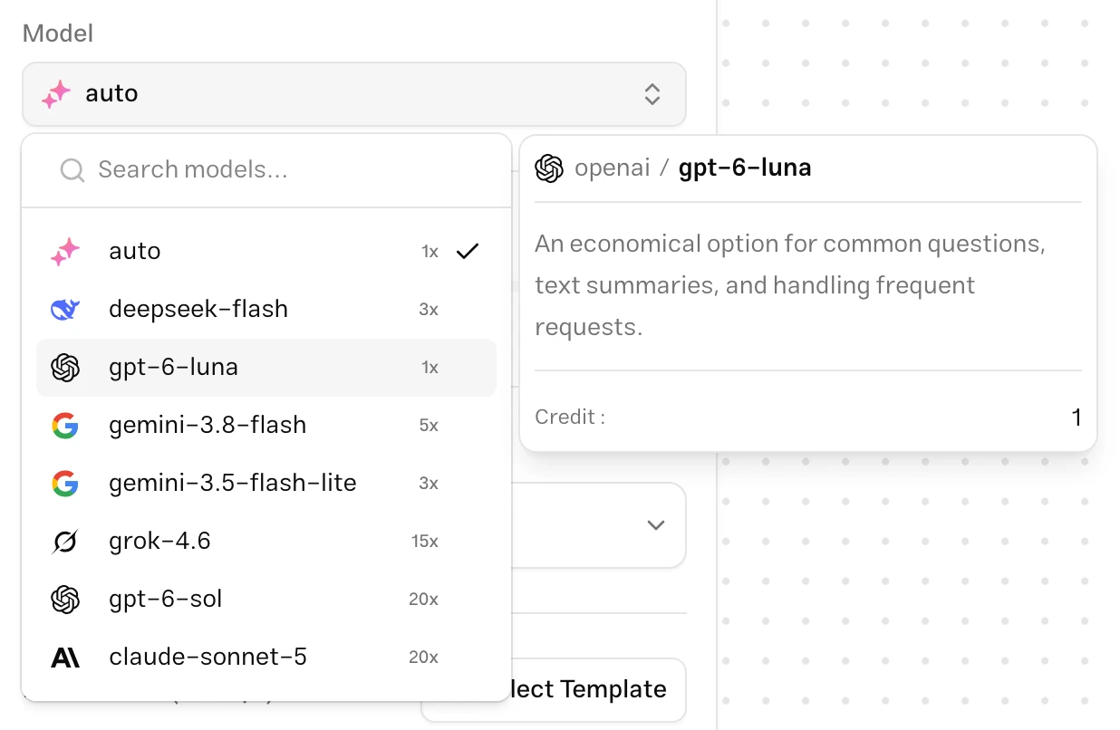 MuChat's model selector with search, credit usage, and a model details card