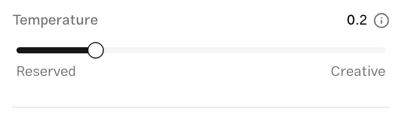 MuChat's temperature control with its current value and the slider between Reserved and Creative