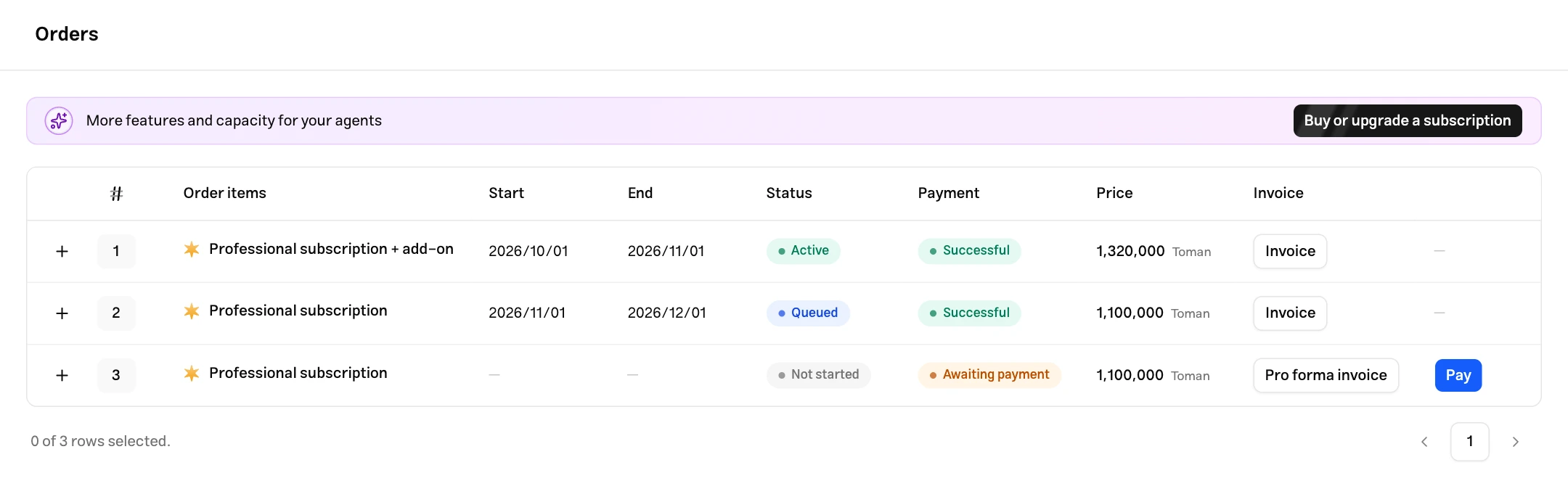 Orders page showing service and payment status, amounts, invoice and pro forma links, and the Pay button