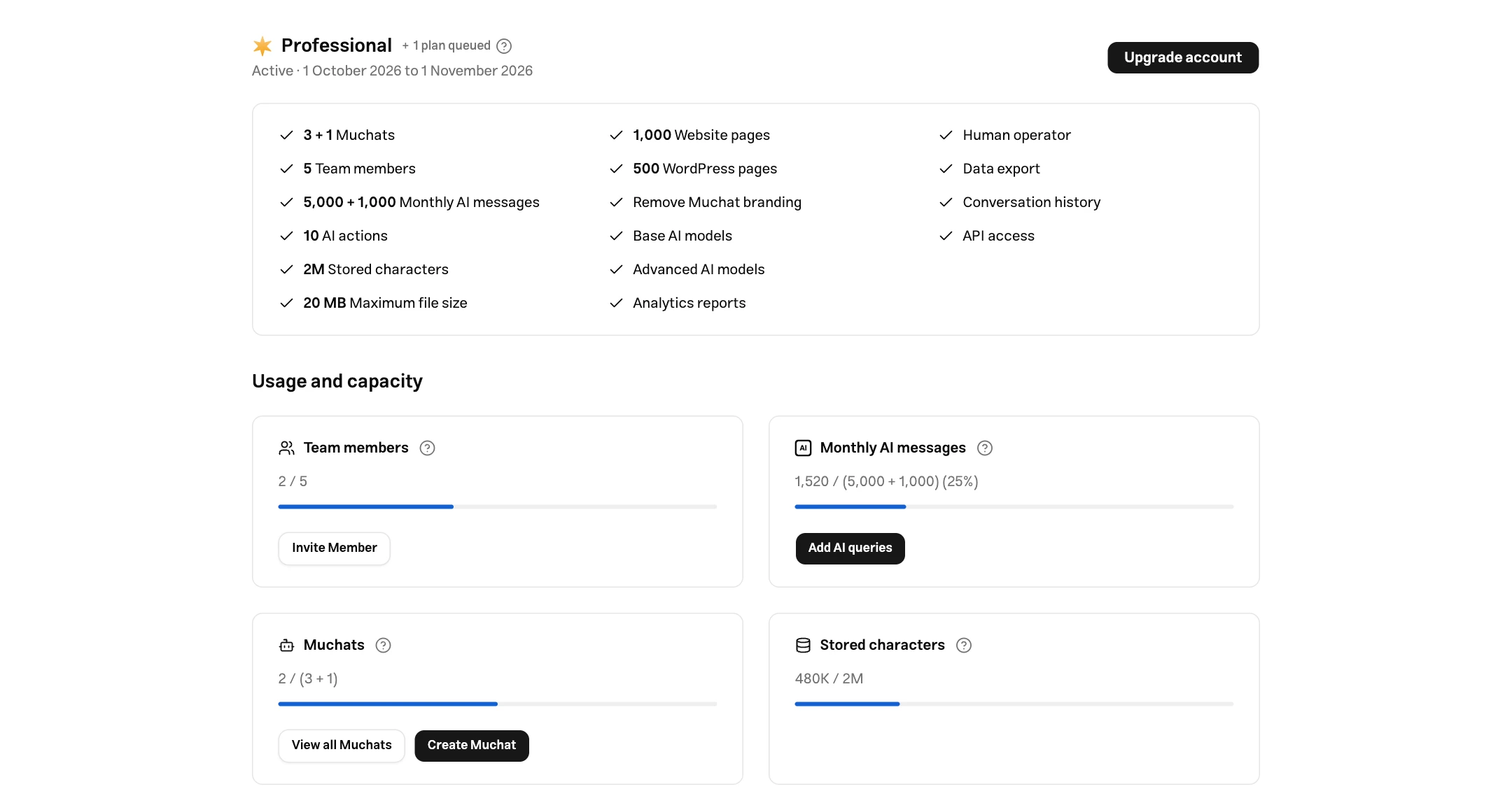 Current plan in the English dashboard showing included features, AI credits, team members, and agent capacity