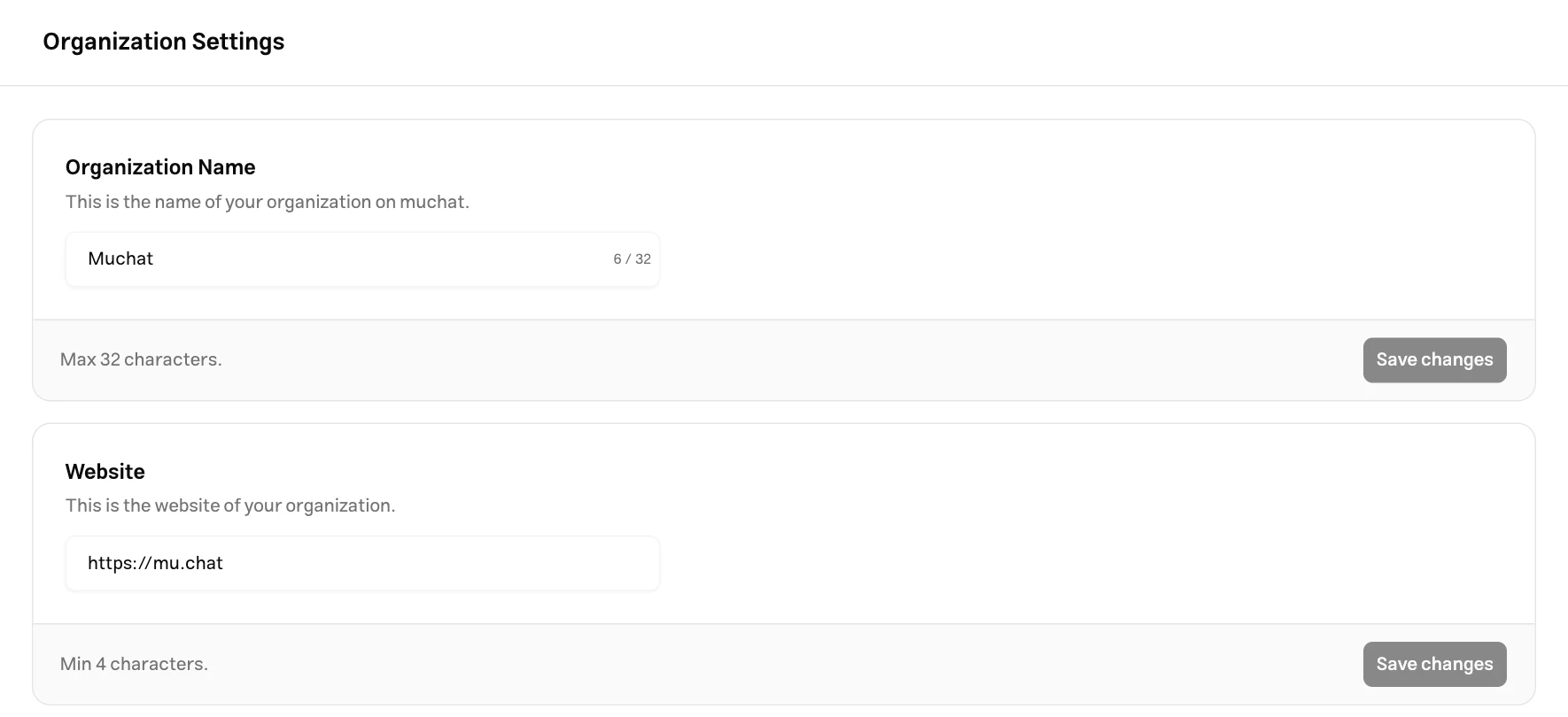 Organization name and website cards in the English dashboard
