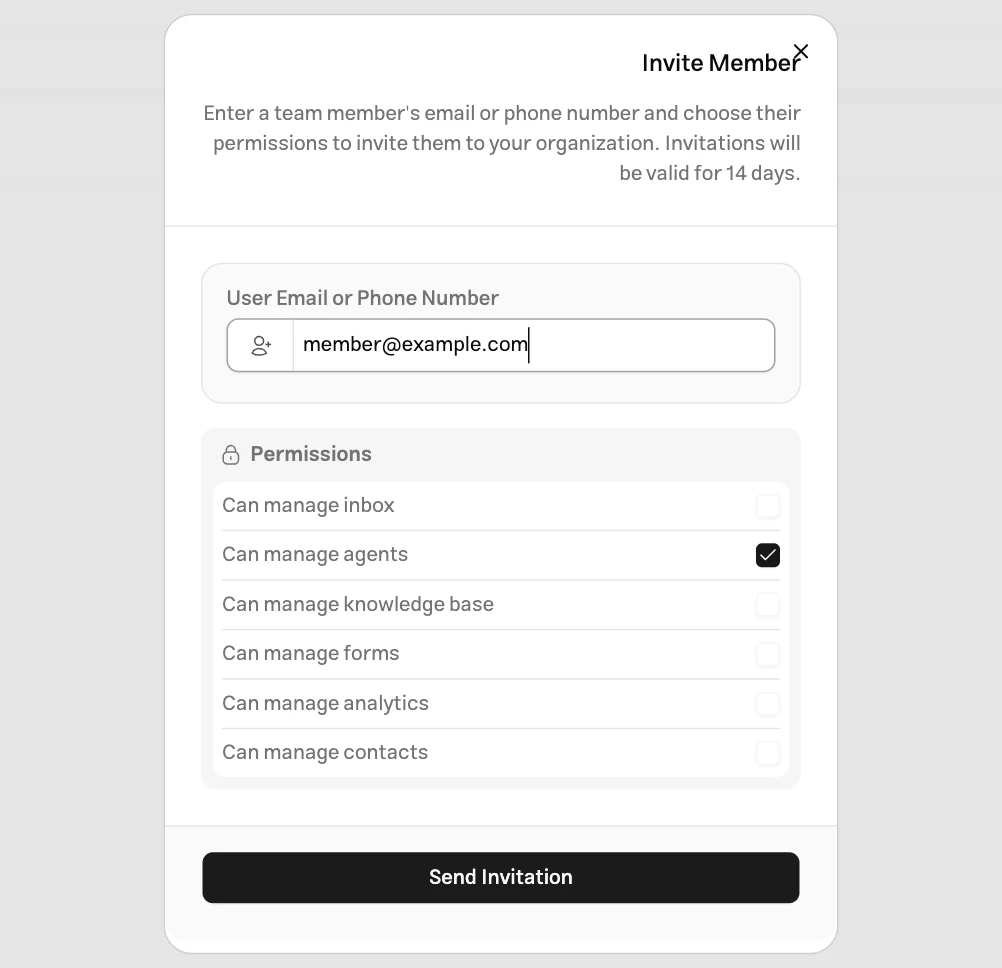 Actual English dashboard invitation form with an email or phone number field and six permission choices